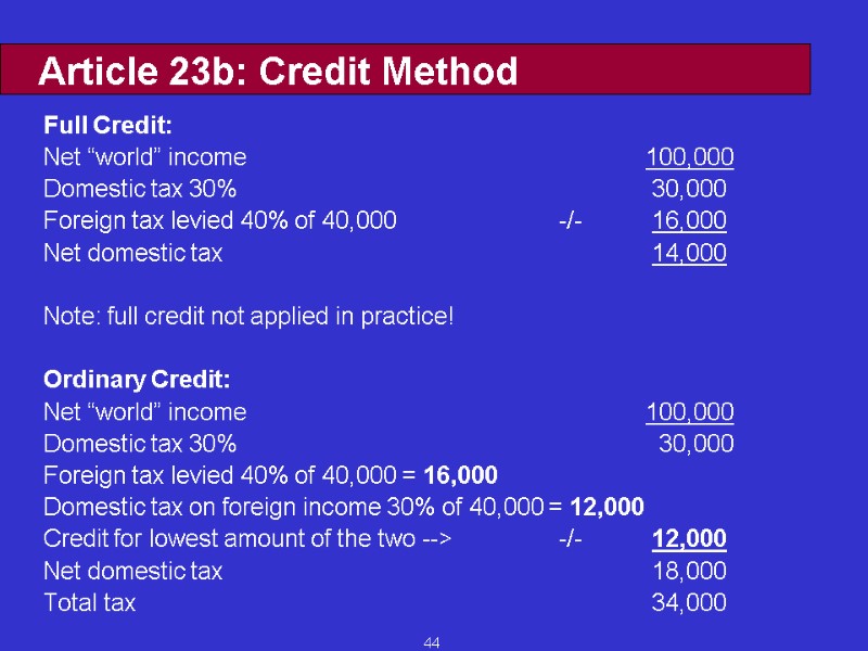 44 Article 23b: Credit Method Full Credit:    Net “world” income 